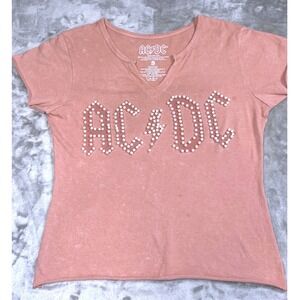 AC/DC Pearl Logo Tee Women's 'S' Dusty Rose‎ Washed Y2K Grunge Rock Band